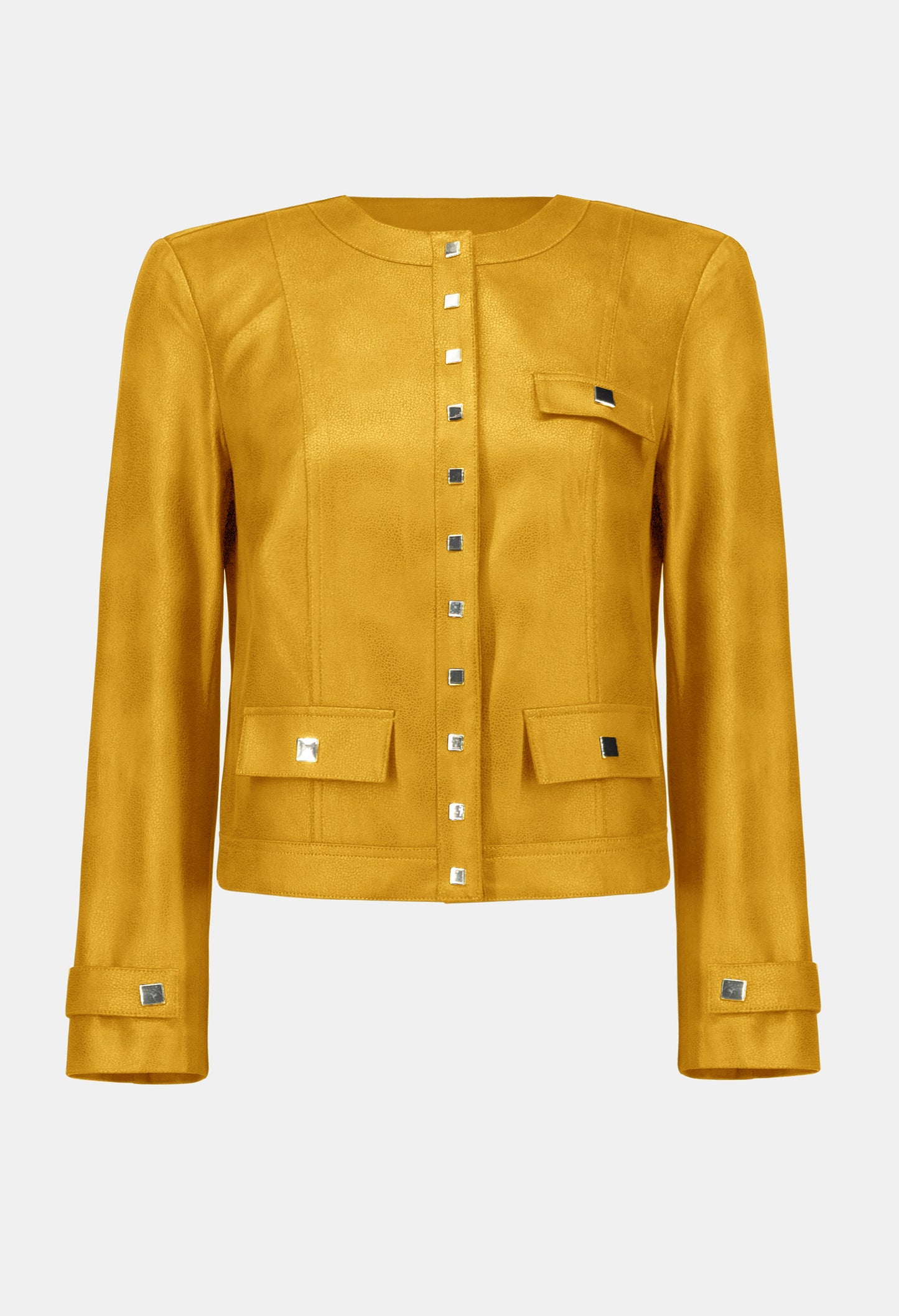Yellow jacket with button details on a white background