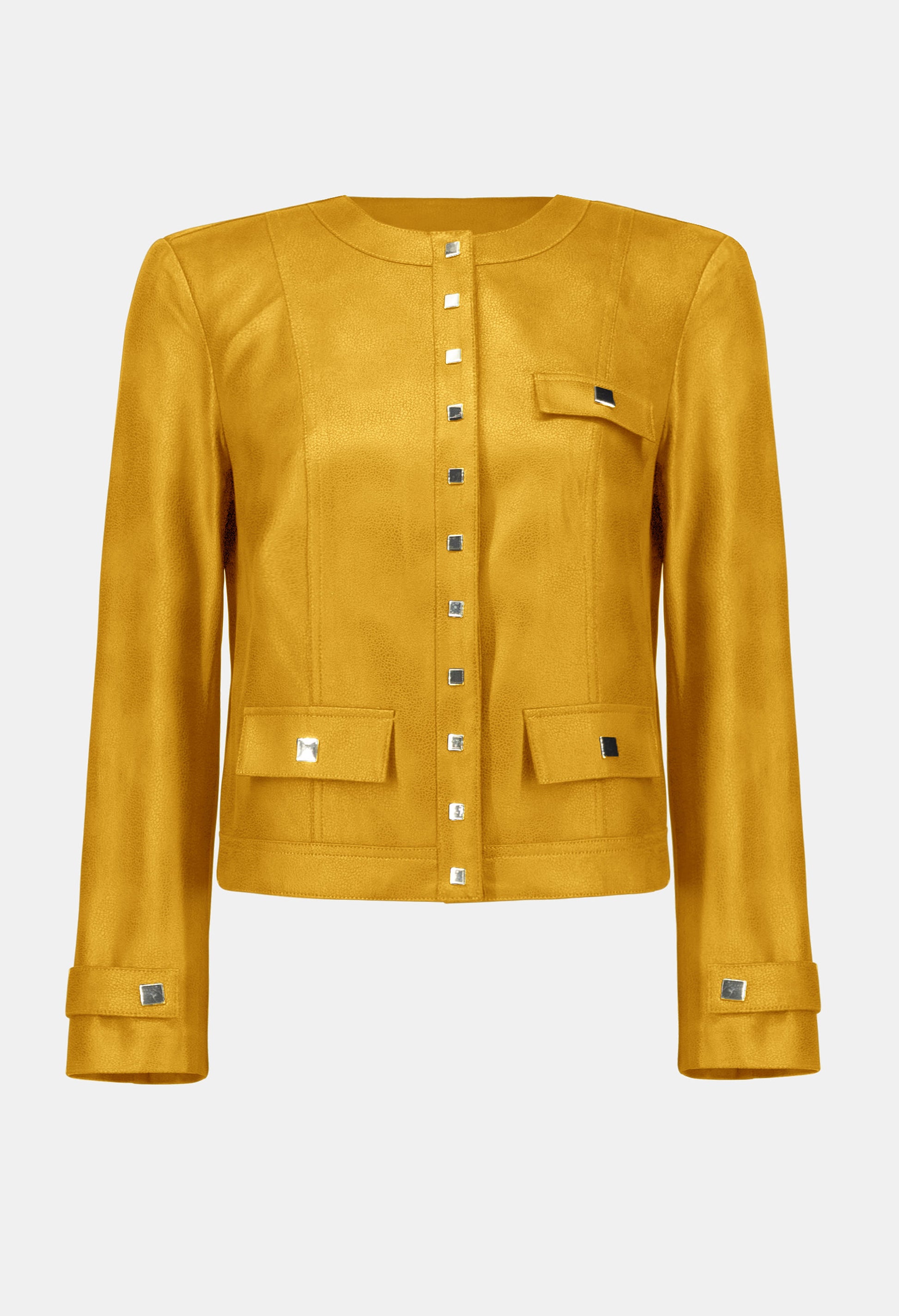 Yellow jacket with button details on a white background