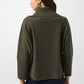 Person wearing an olive green jacket on a white background