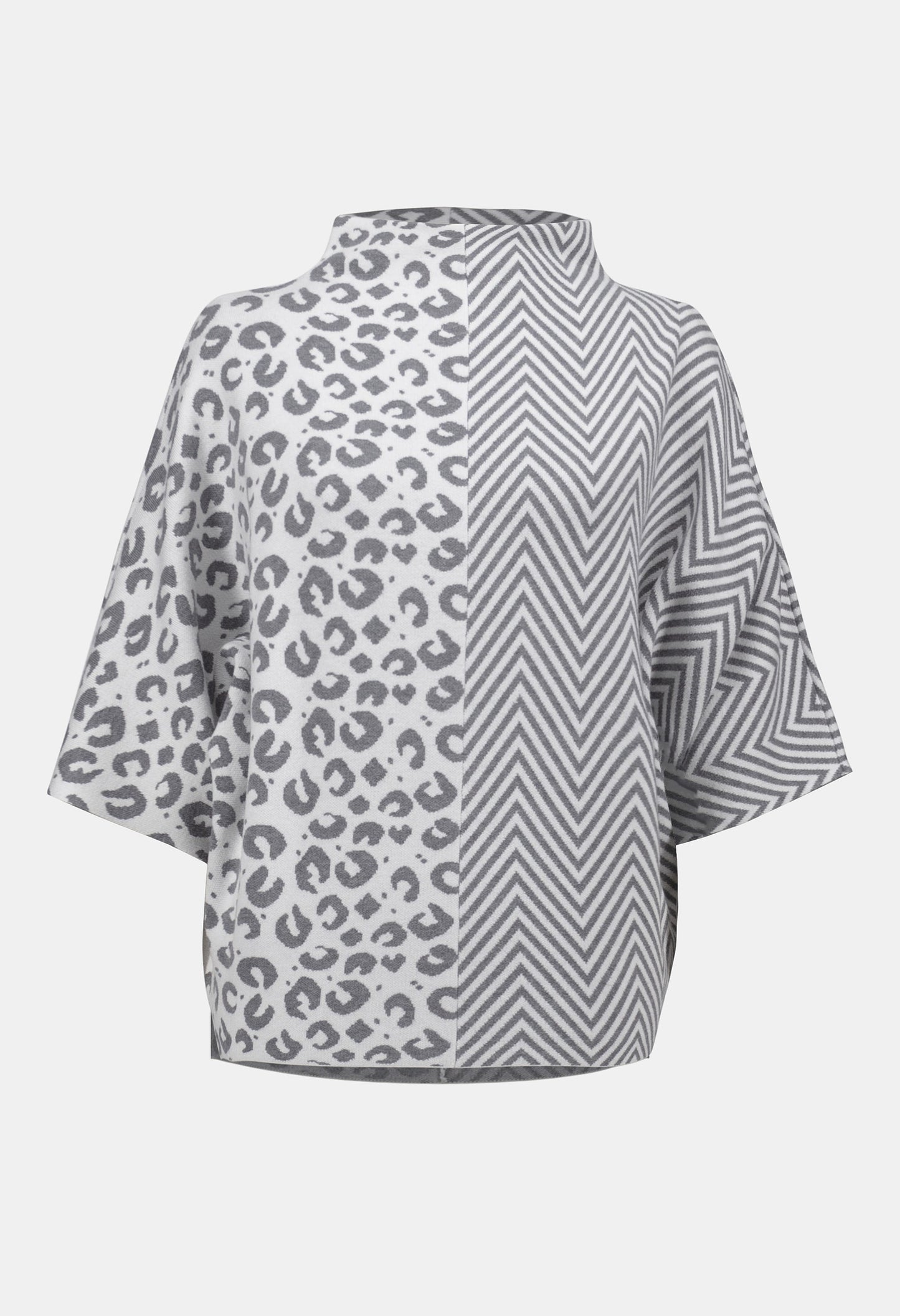 Gray poncho with leopard print and zigzag pattern on a white background