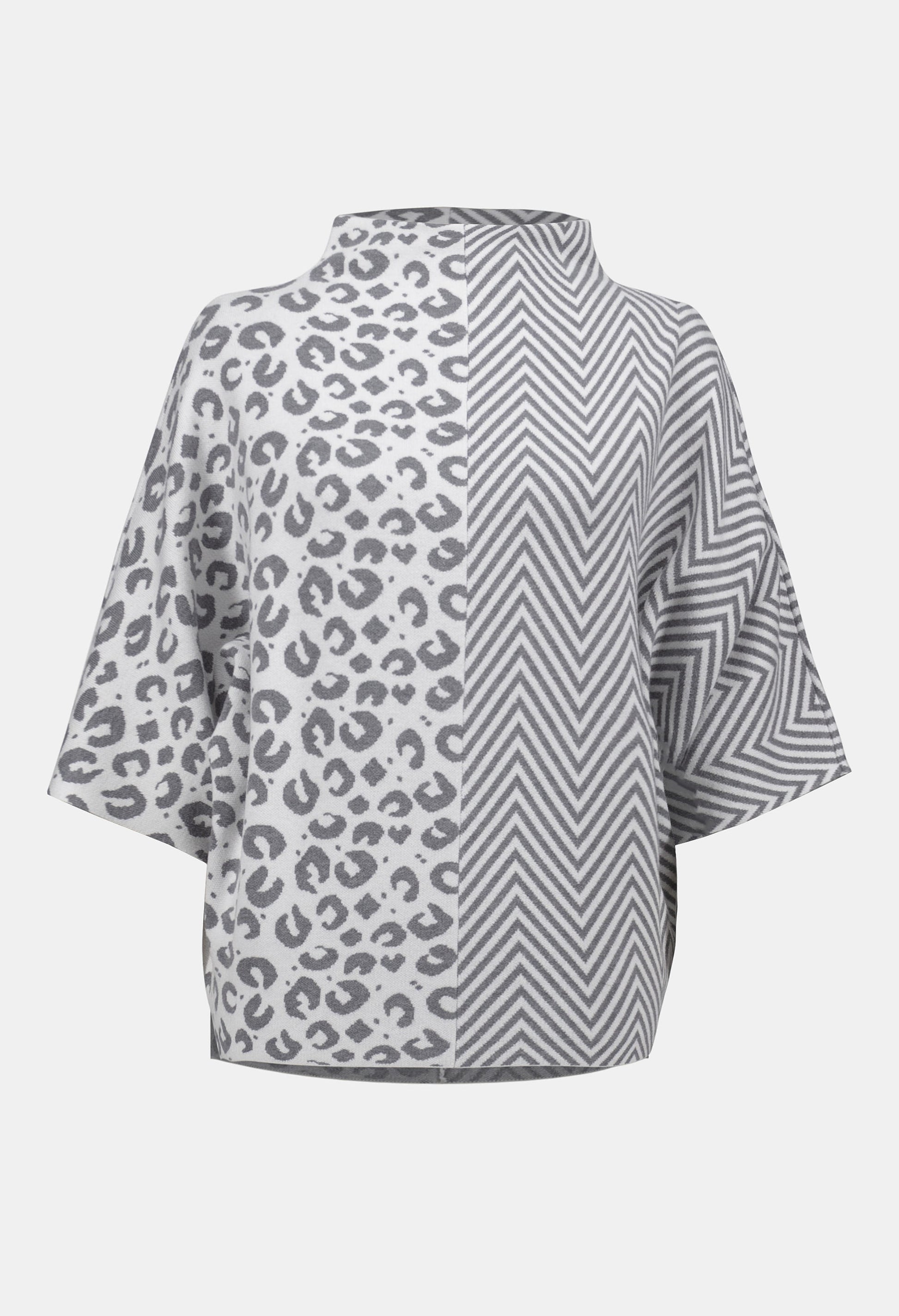Gray poncho with leopard print and zigzag pattern on a white background