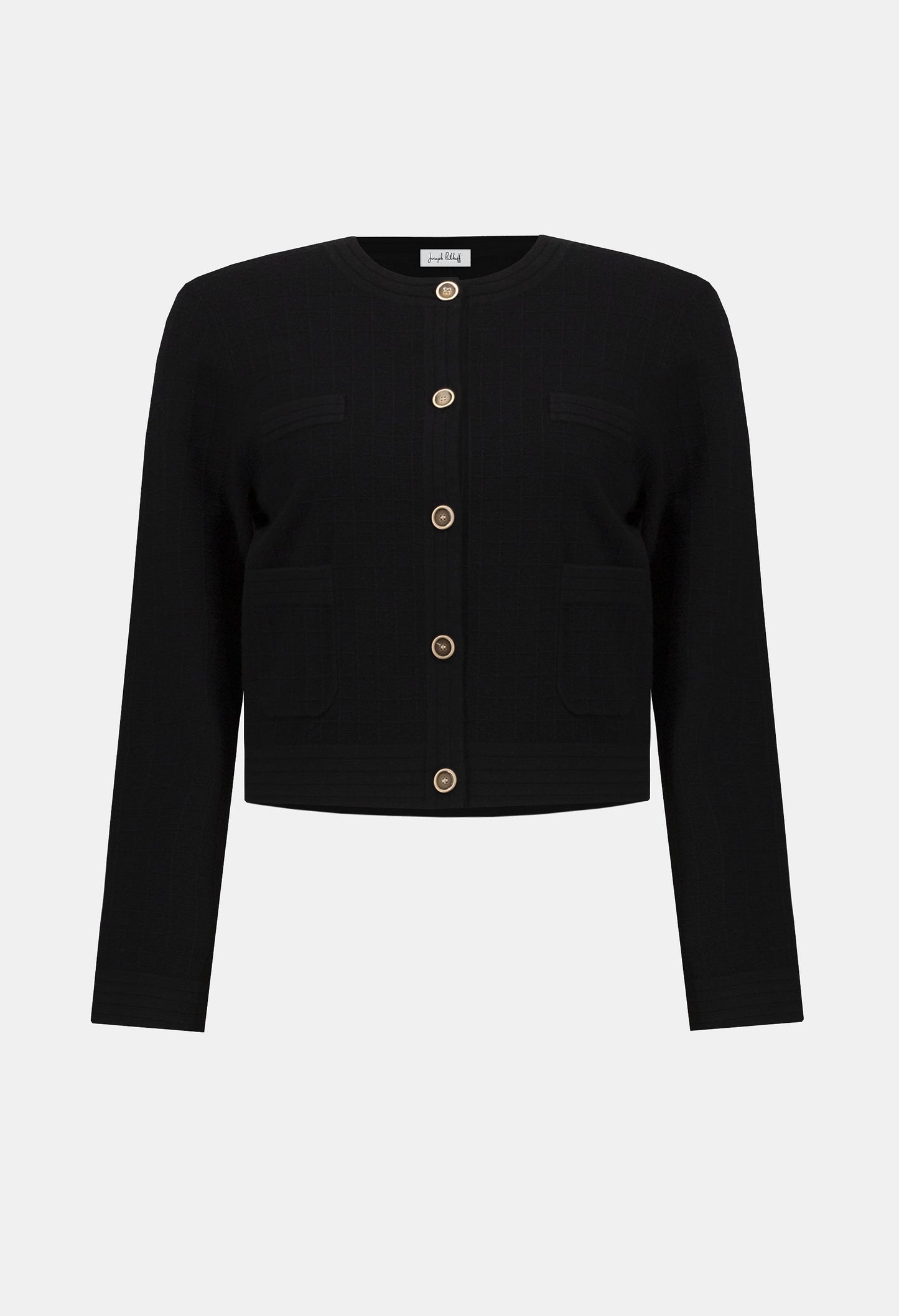 Black cropped cardigan with button details on a white background