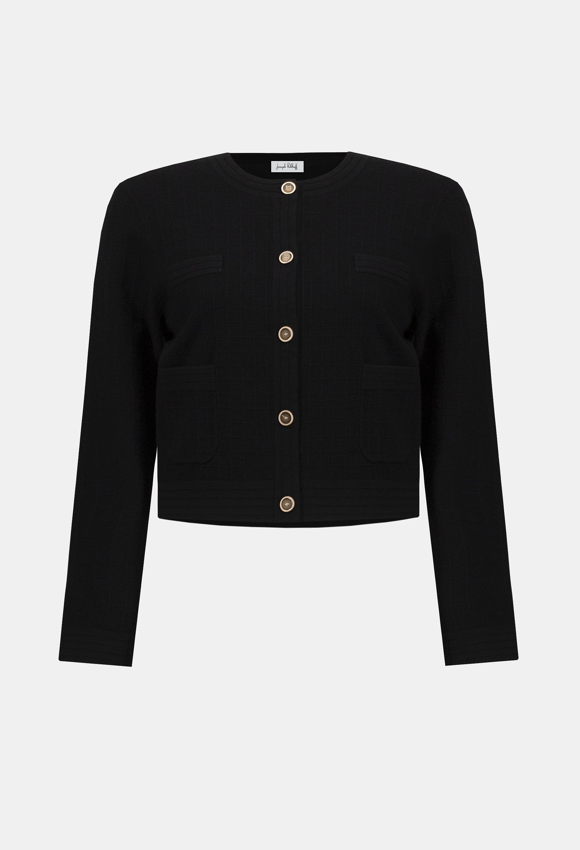 Black cropped cardigan with button details on a white background