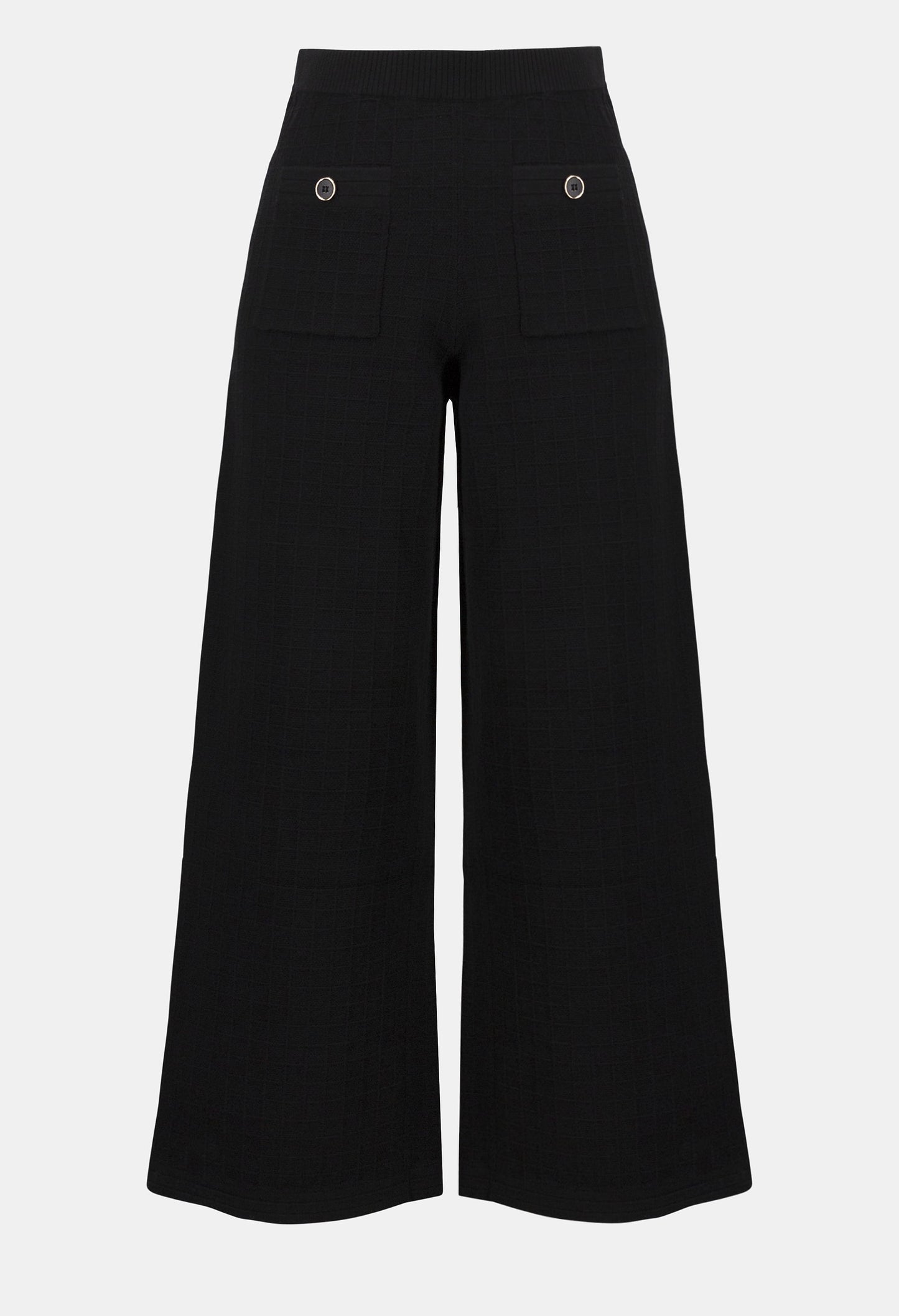 Black wide-leg pants on a light gray background