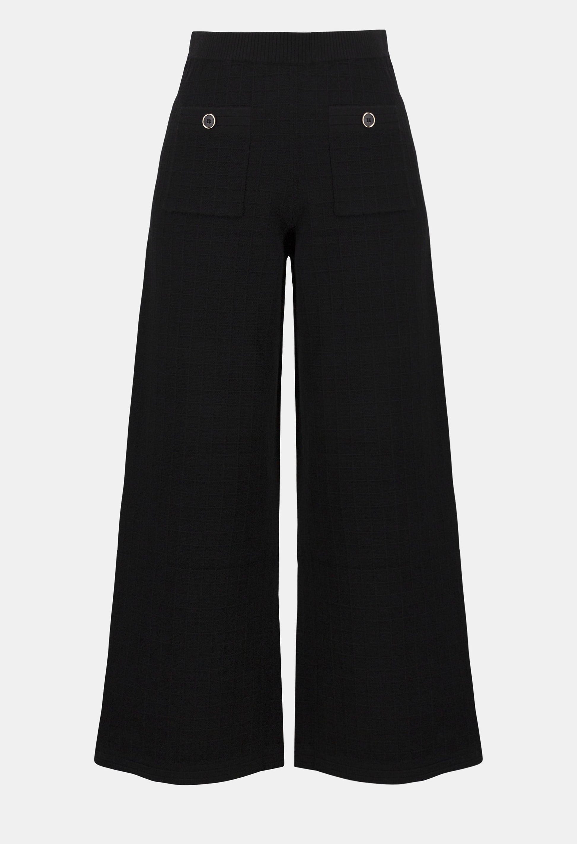 Black wide-leg pants on a light gray background