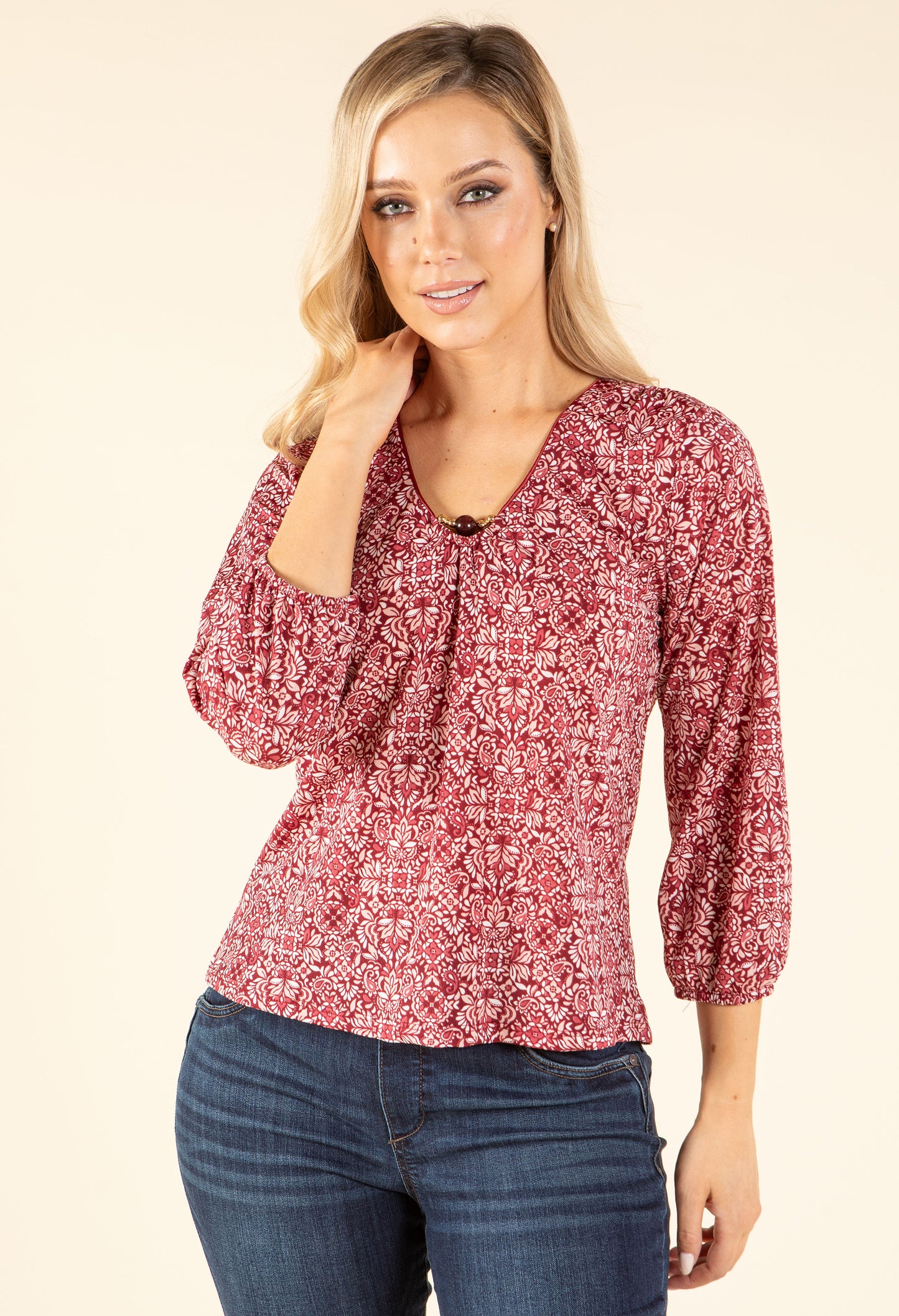 Mosaic Print V-Neck Blouse