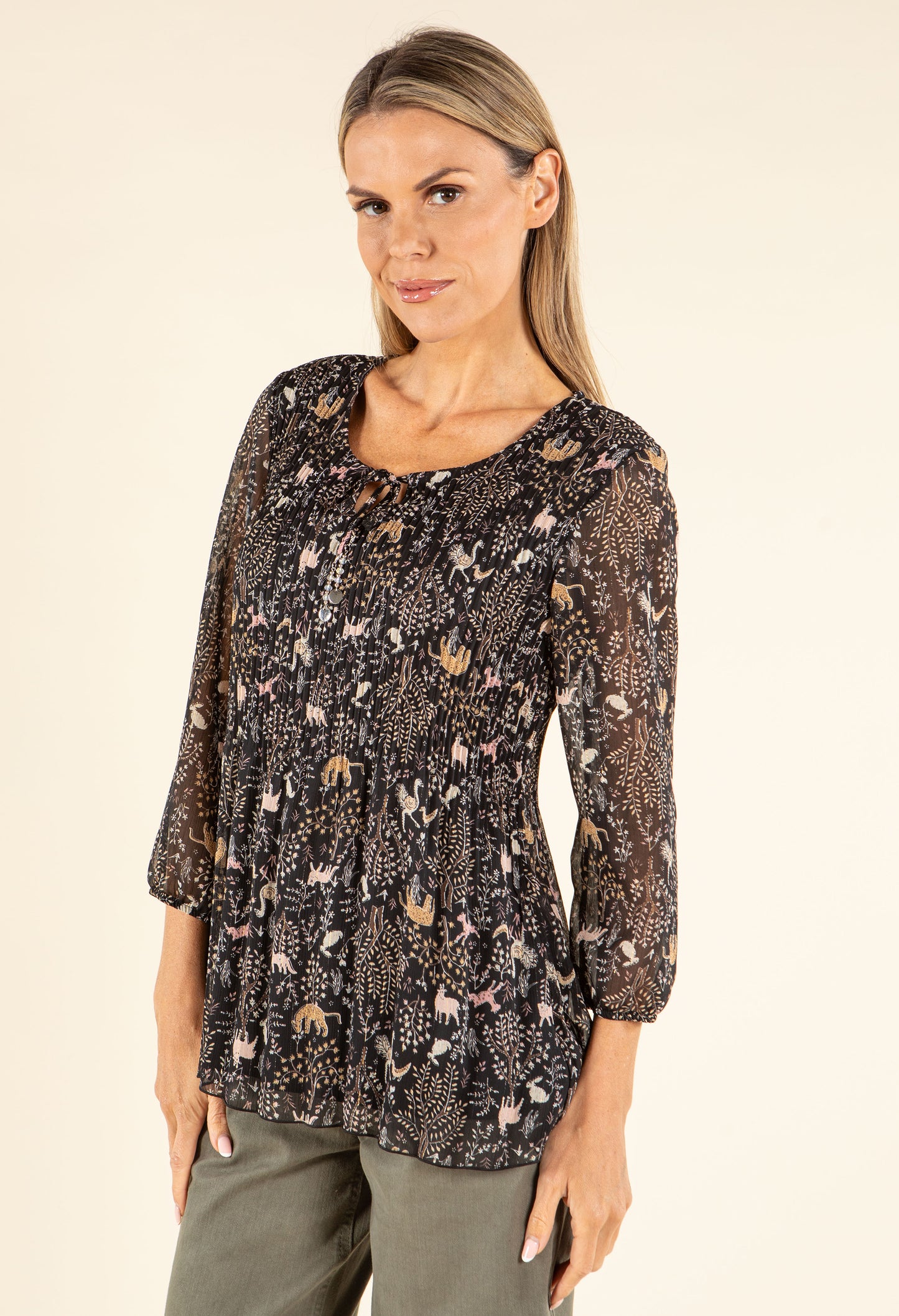 Plisse Pleated Animal Print Blouse