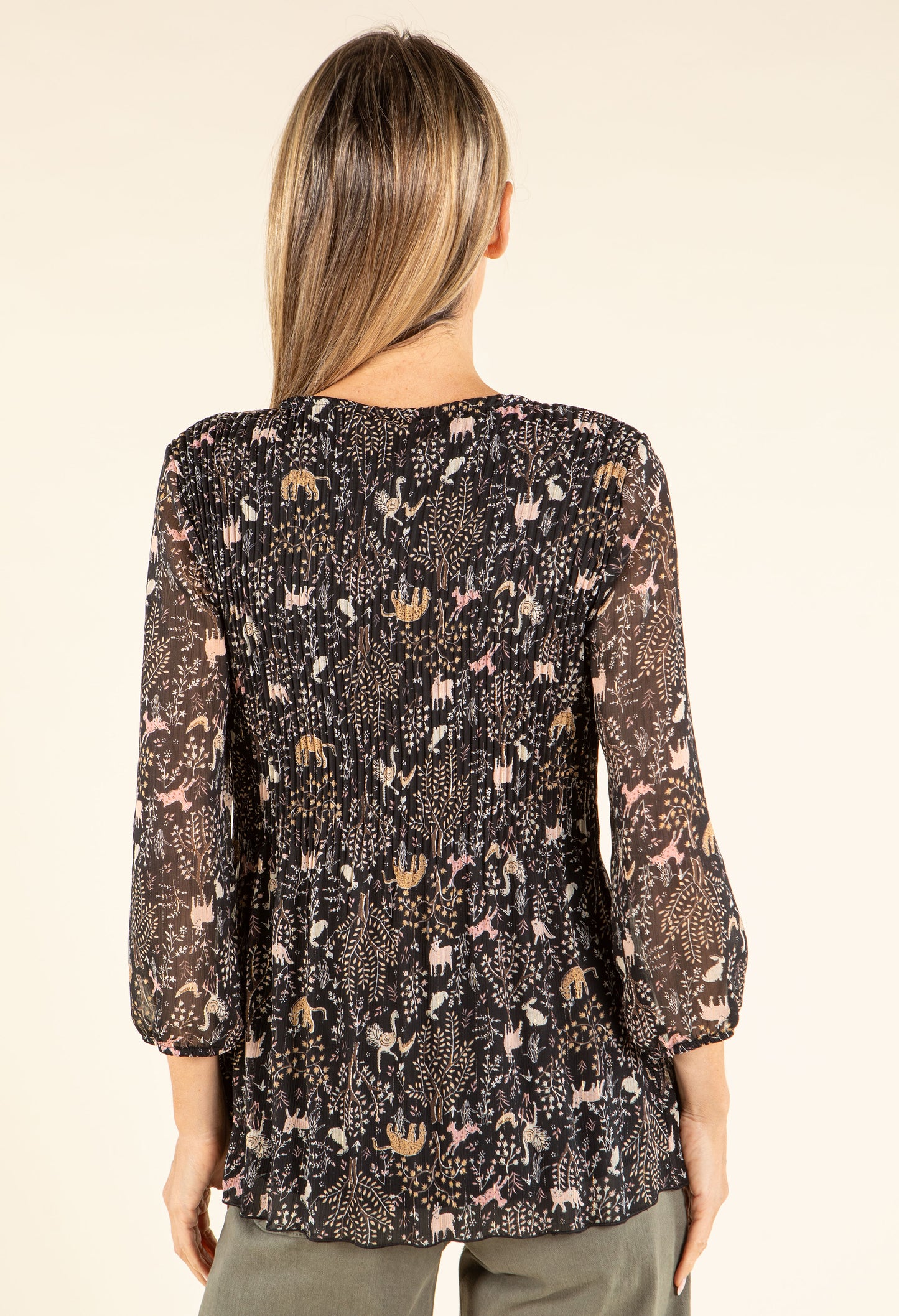 Plisse Pleated Animal Print Blouse