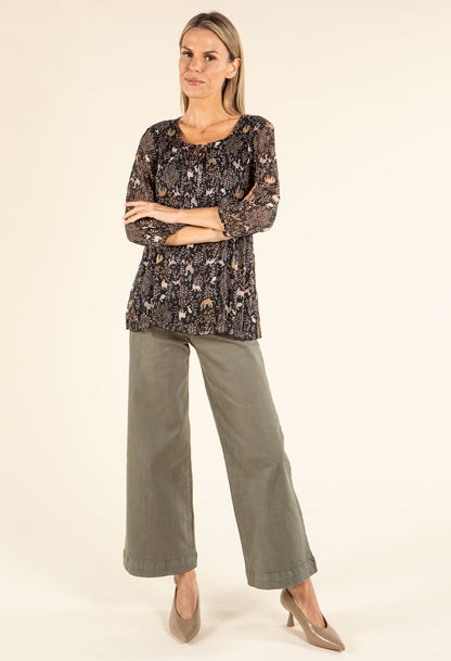 Plisse Pleated Animal Print Blouse