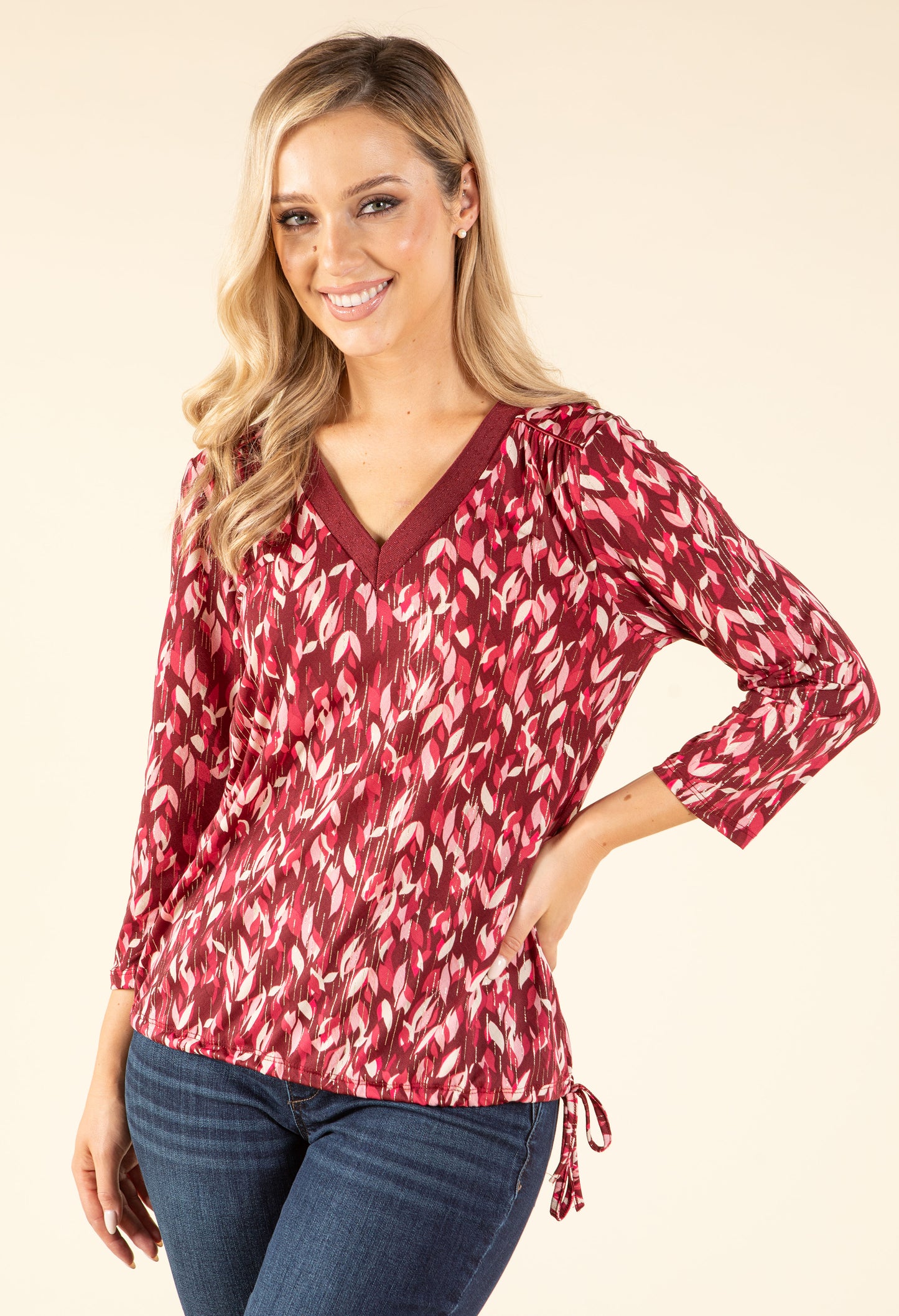 Leaf Print V-Neck Blouse