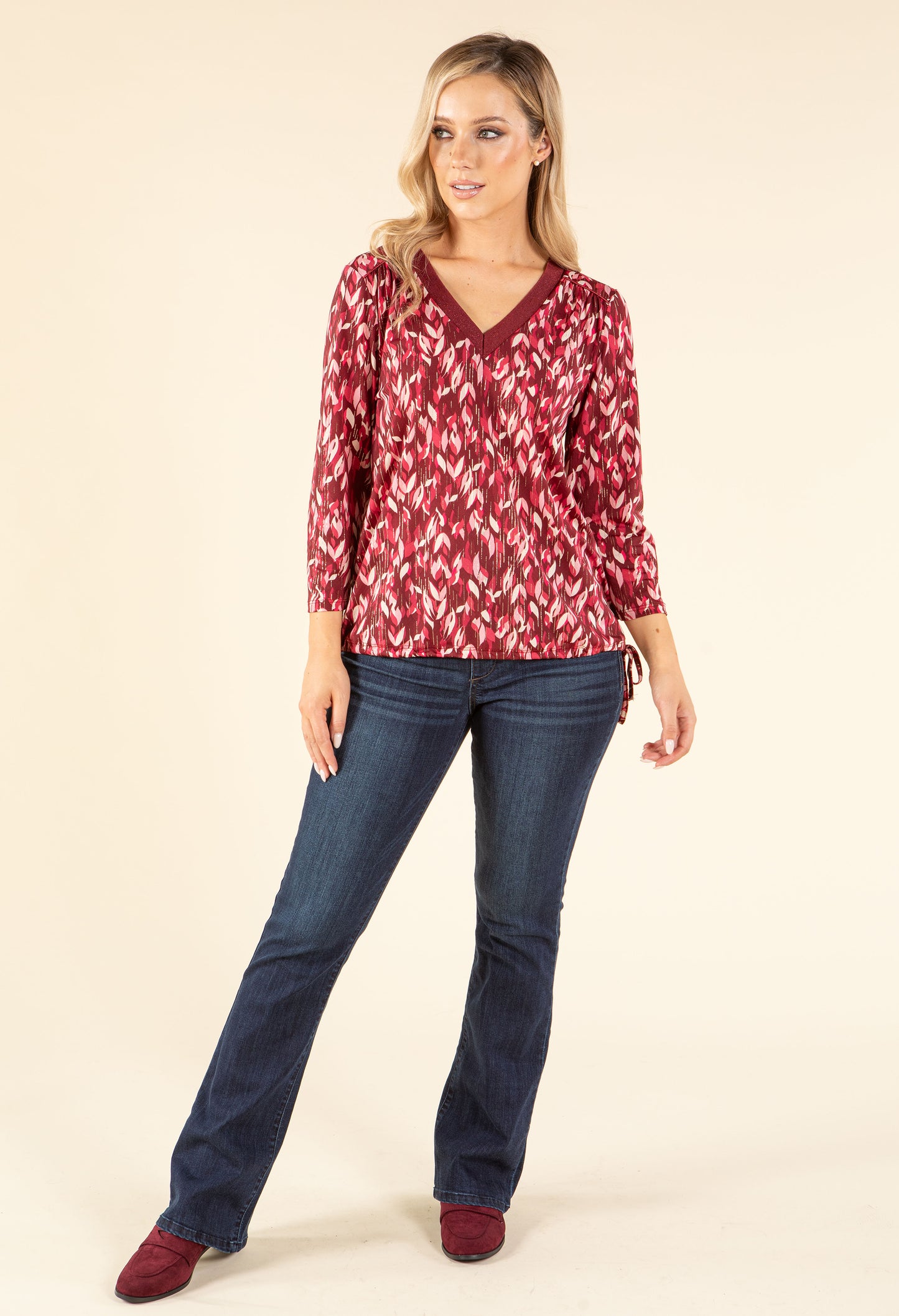 Leaf Print V-Neck Blouse