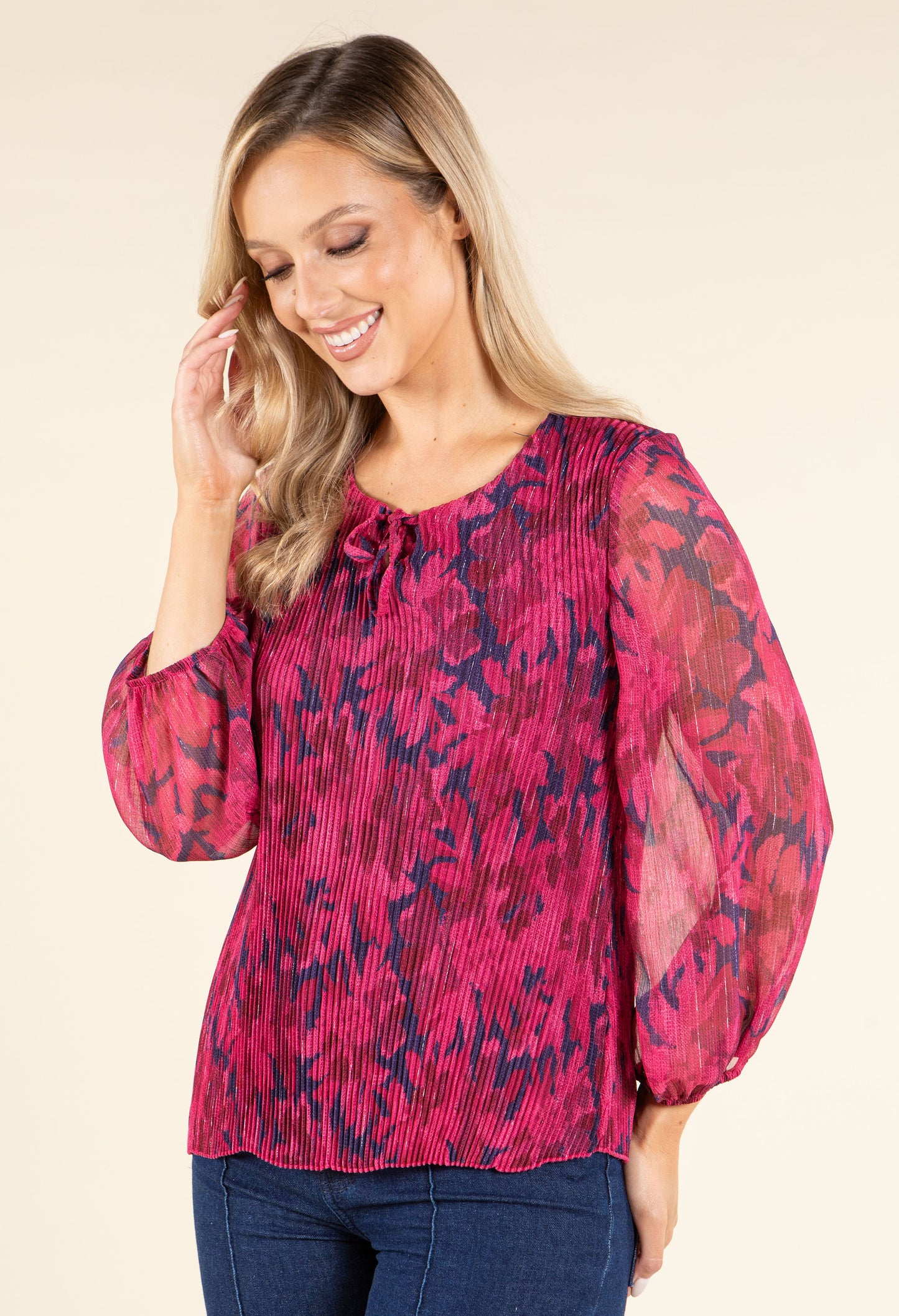 Plisse Pleated Floral Blouse