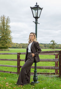 Woman in a brown suit standing next to a lamp post in a field