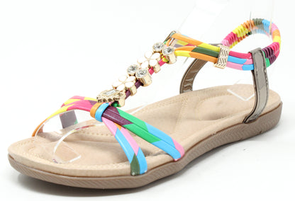 Beige sandal with colorful straps on a white background