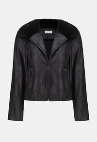Black leather jacket with fur collar on a white background