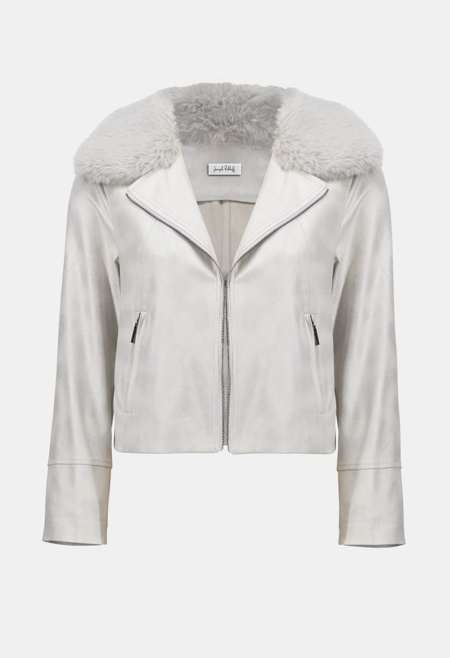Light gray leather jacket with fur collar on a white background