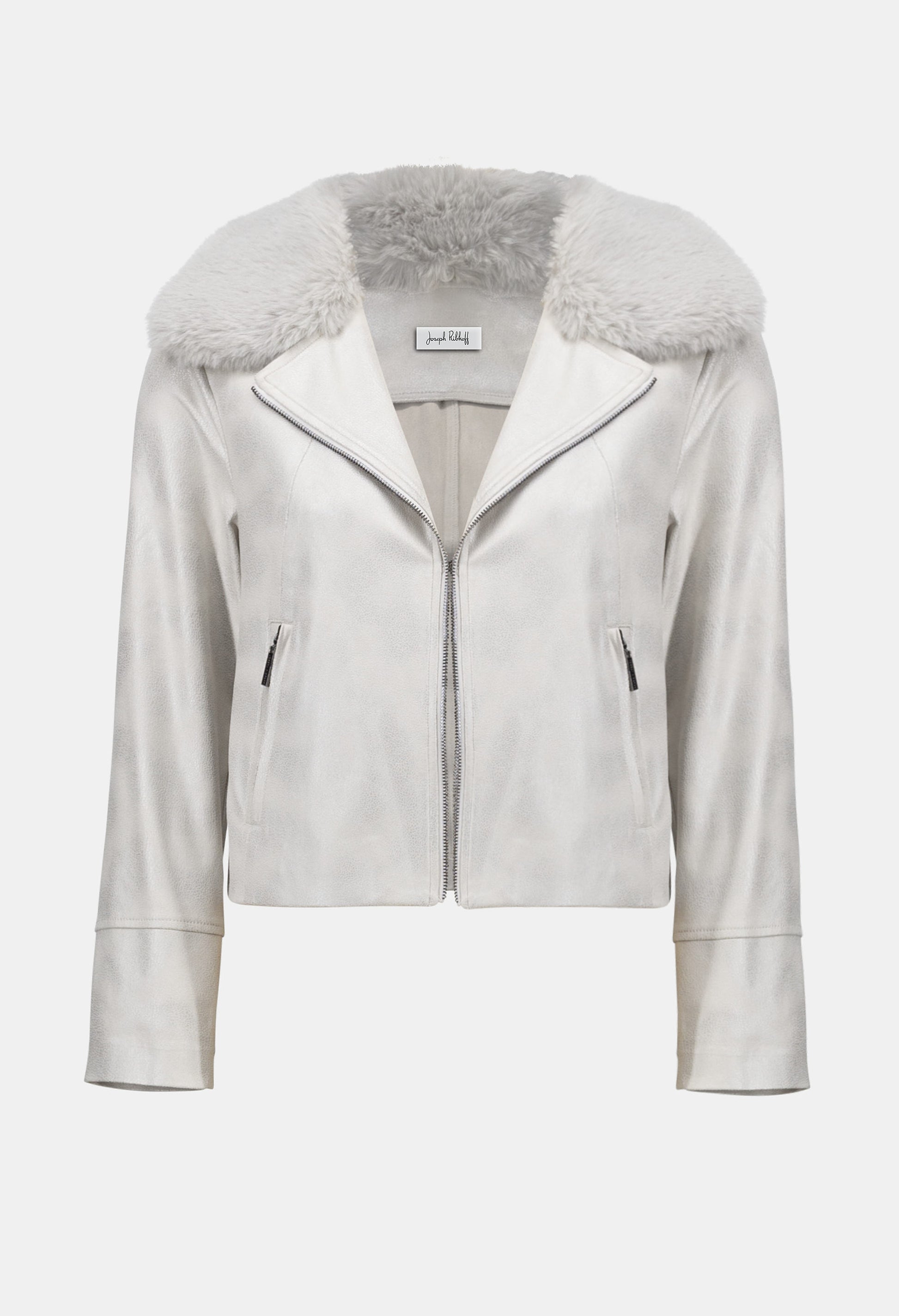 Light gray leather jacket with fur collar on a white background