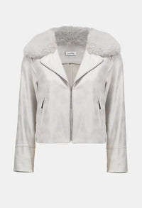 Light gray leather jacket with fur collar on a white background
