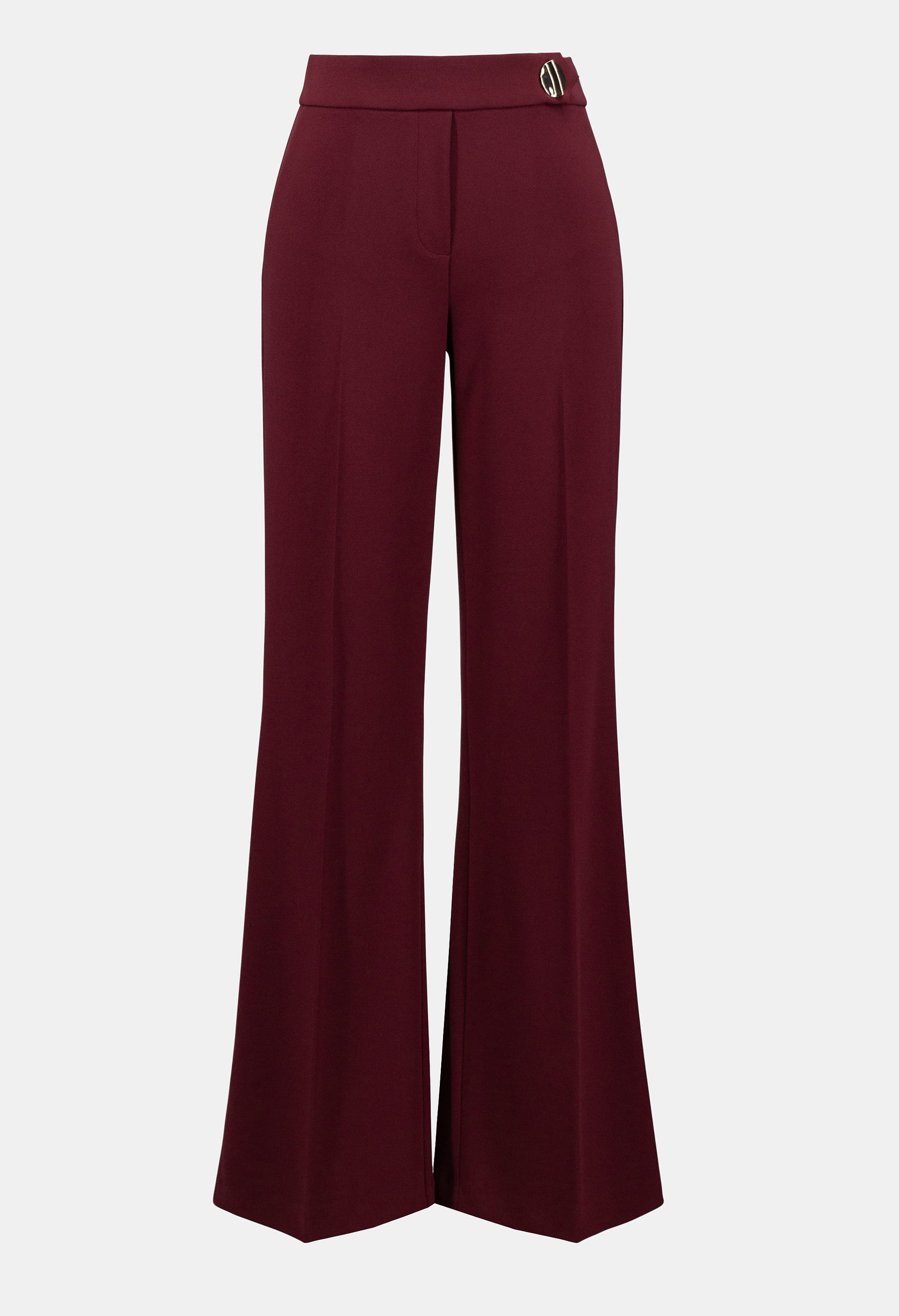Maroon wide-leg pants on a light gray background