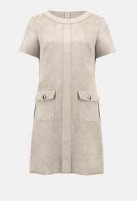 Beige dress with short sleeves and two front pockets on a white background
