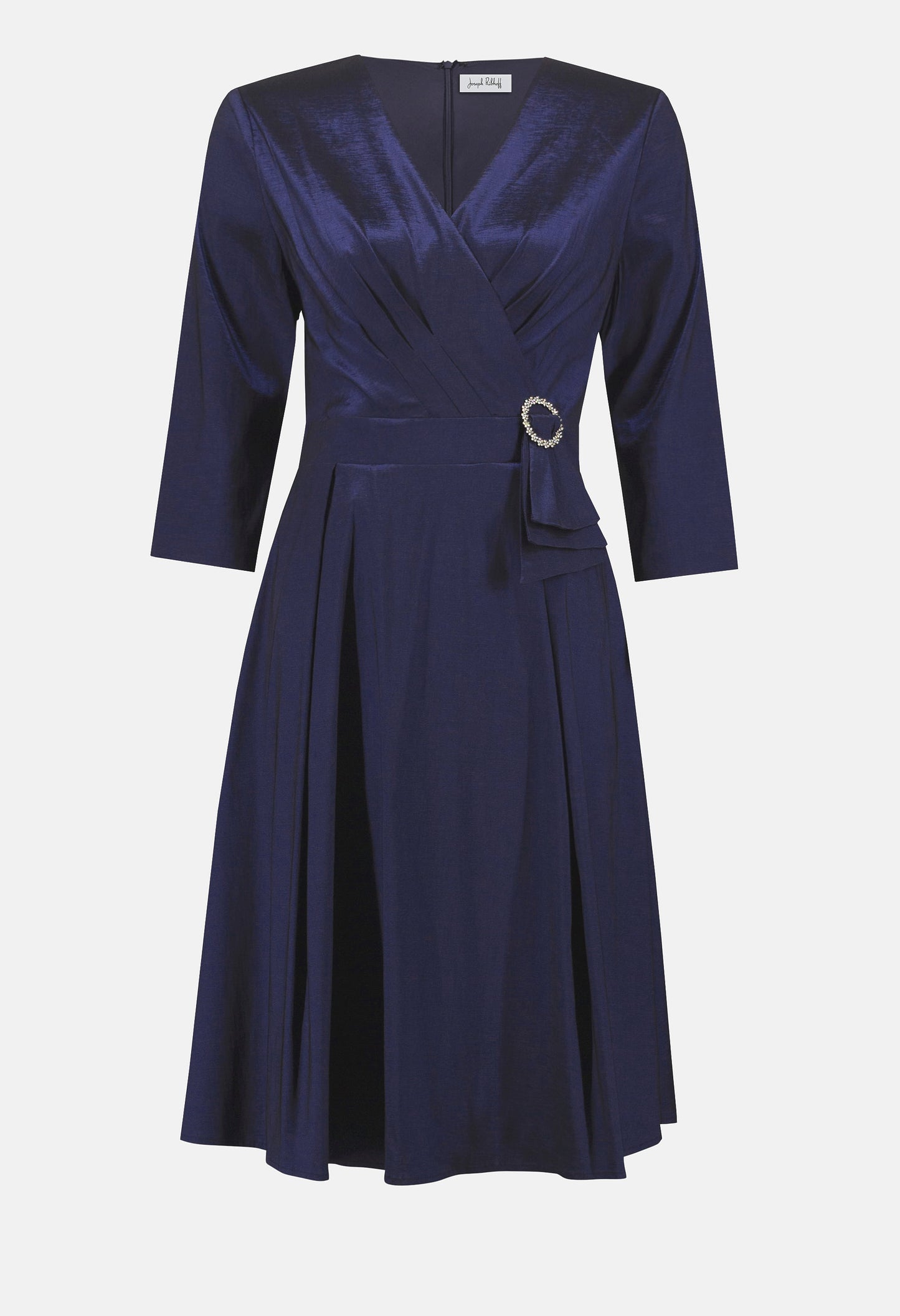 Navy blue dress with a belt on a white background