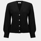 Black cardigan with silver buttons on a white background