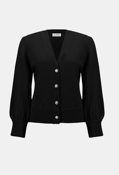 Black cardigan with silver buttons on a white background