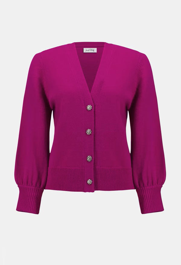 Purple cardigan with silver buttons on a white background