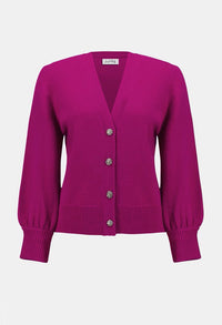 Purple cardigan with silver buttons on a white background