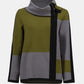 Color-blocked sweater with green, gray, and black design on a white background