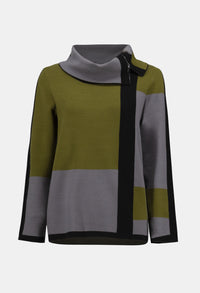 Color-blocked sweater with green, gray, and black design on a white background