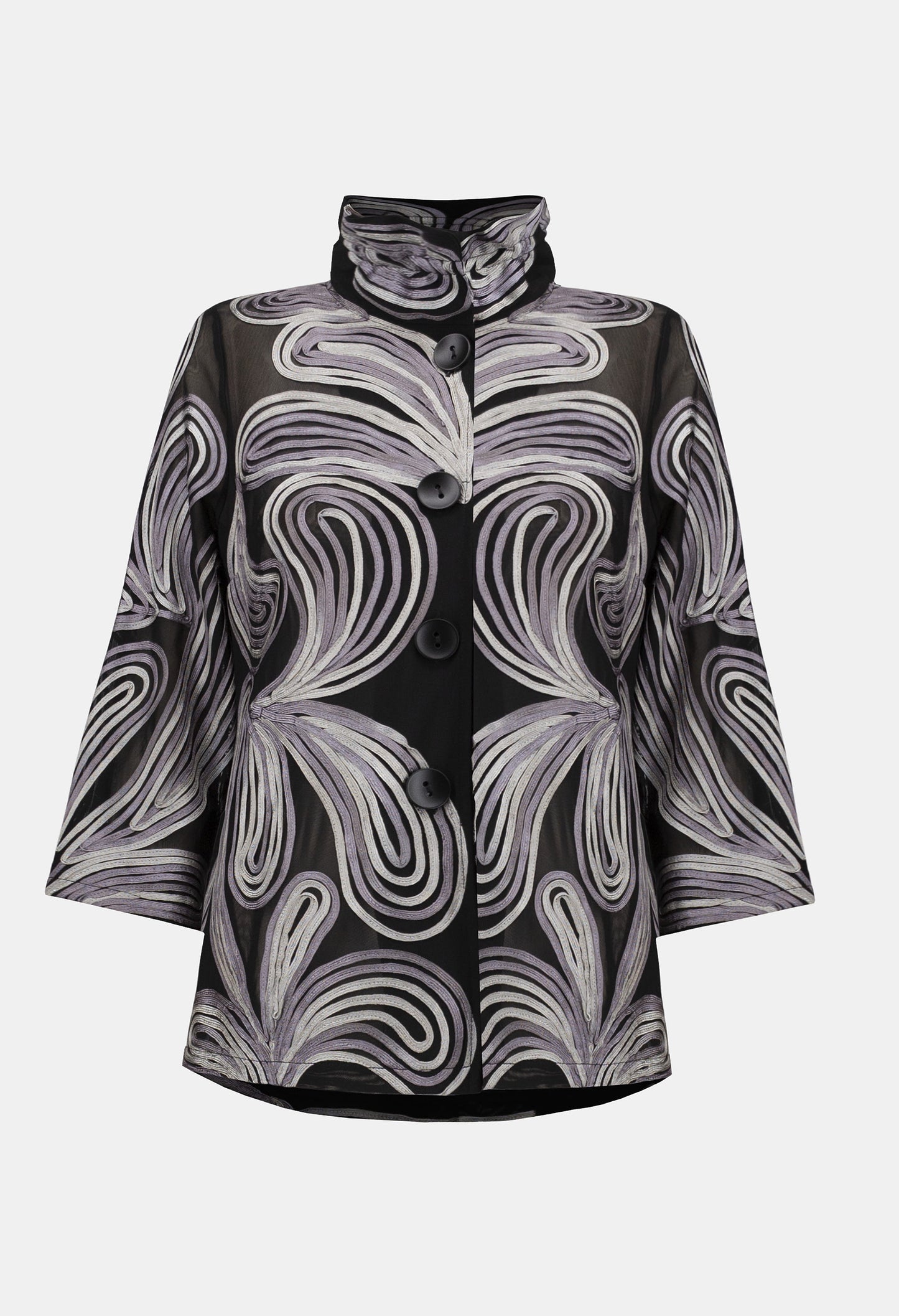 Black and white patterned coat on a white background