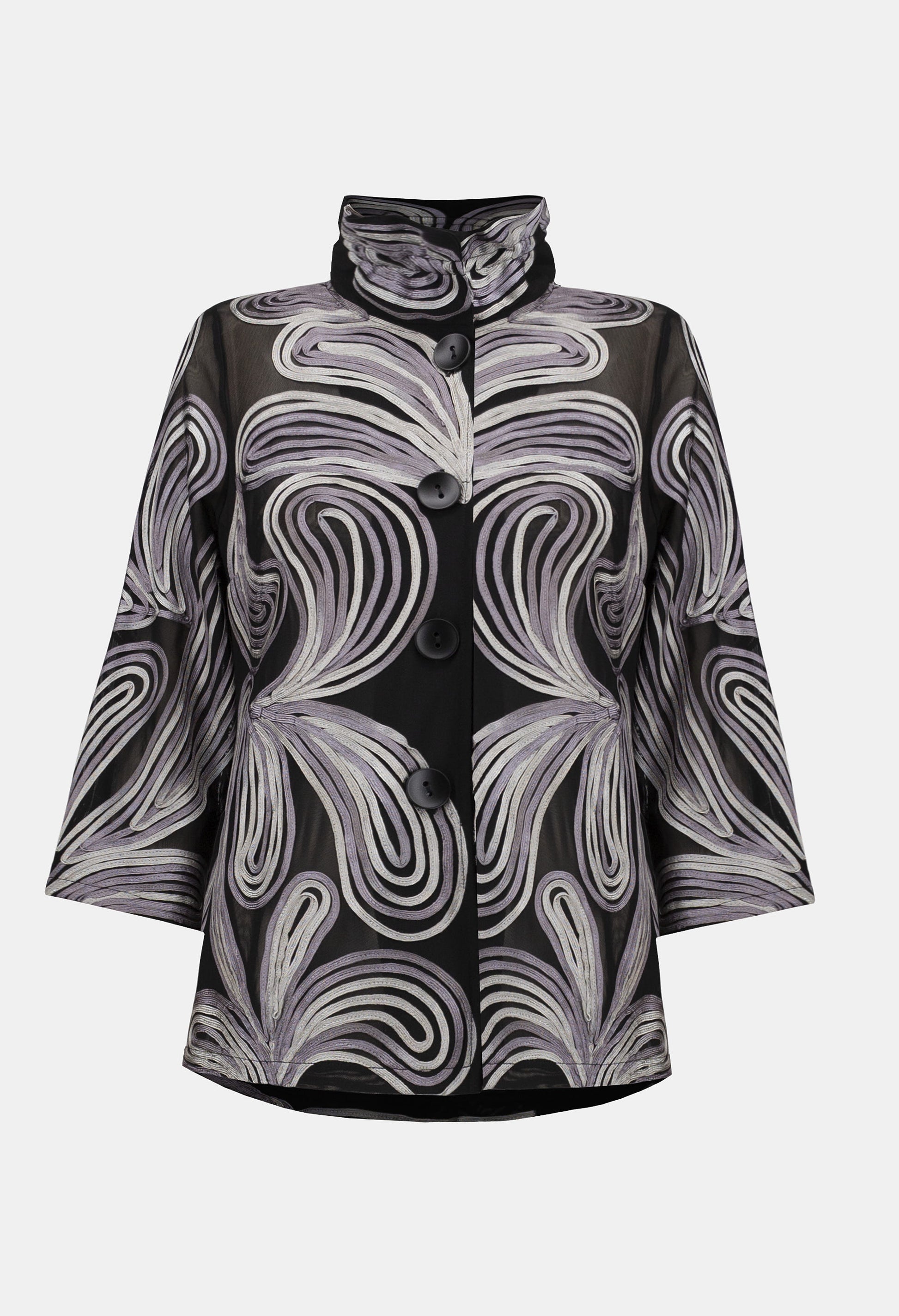 Black and white patterned coat on a white background