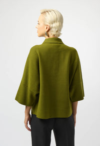 Person wearing a green cape on a white background