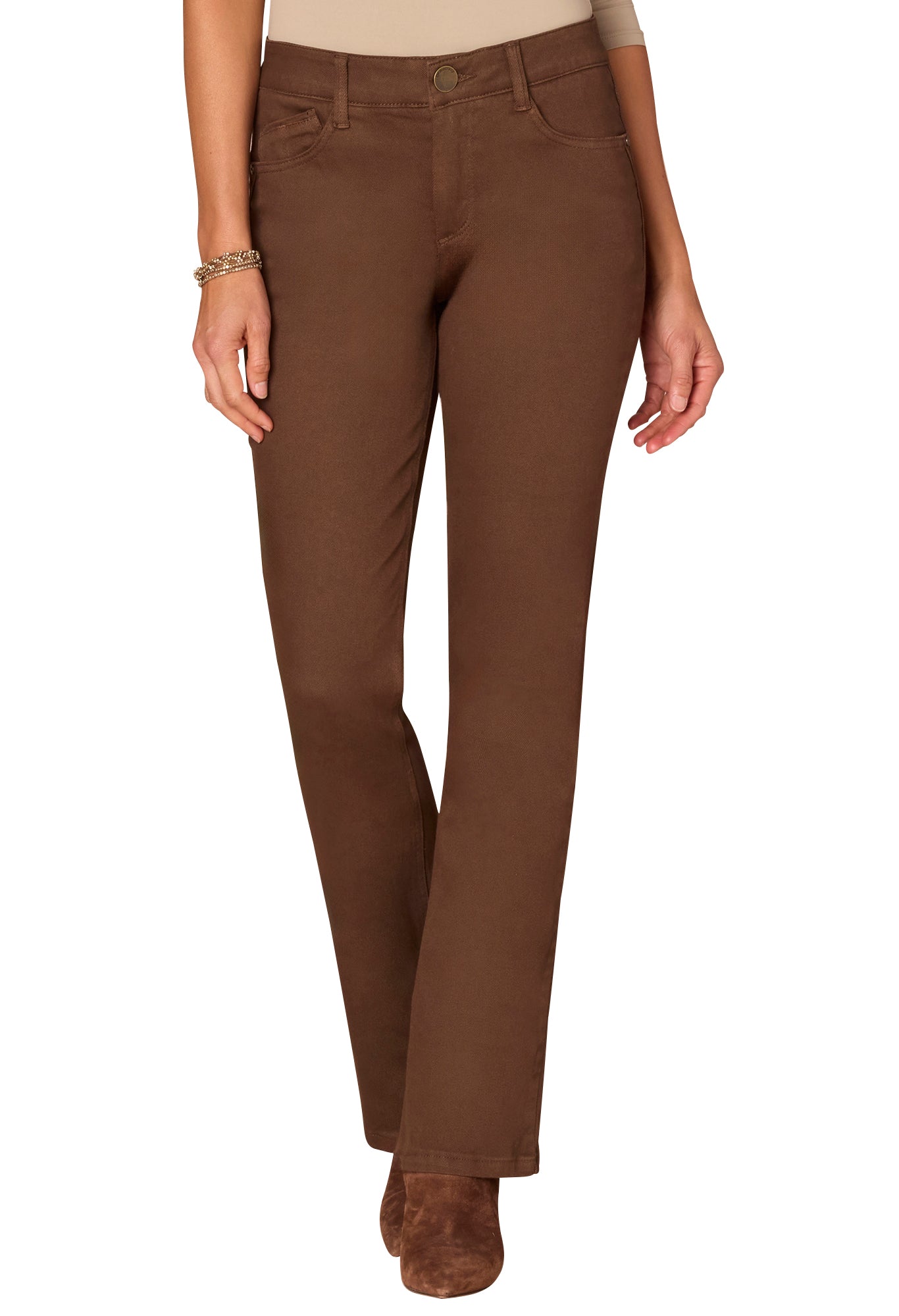 Brown pants worn by a person on a white background