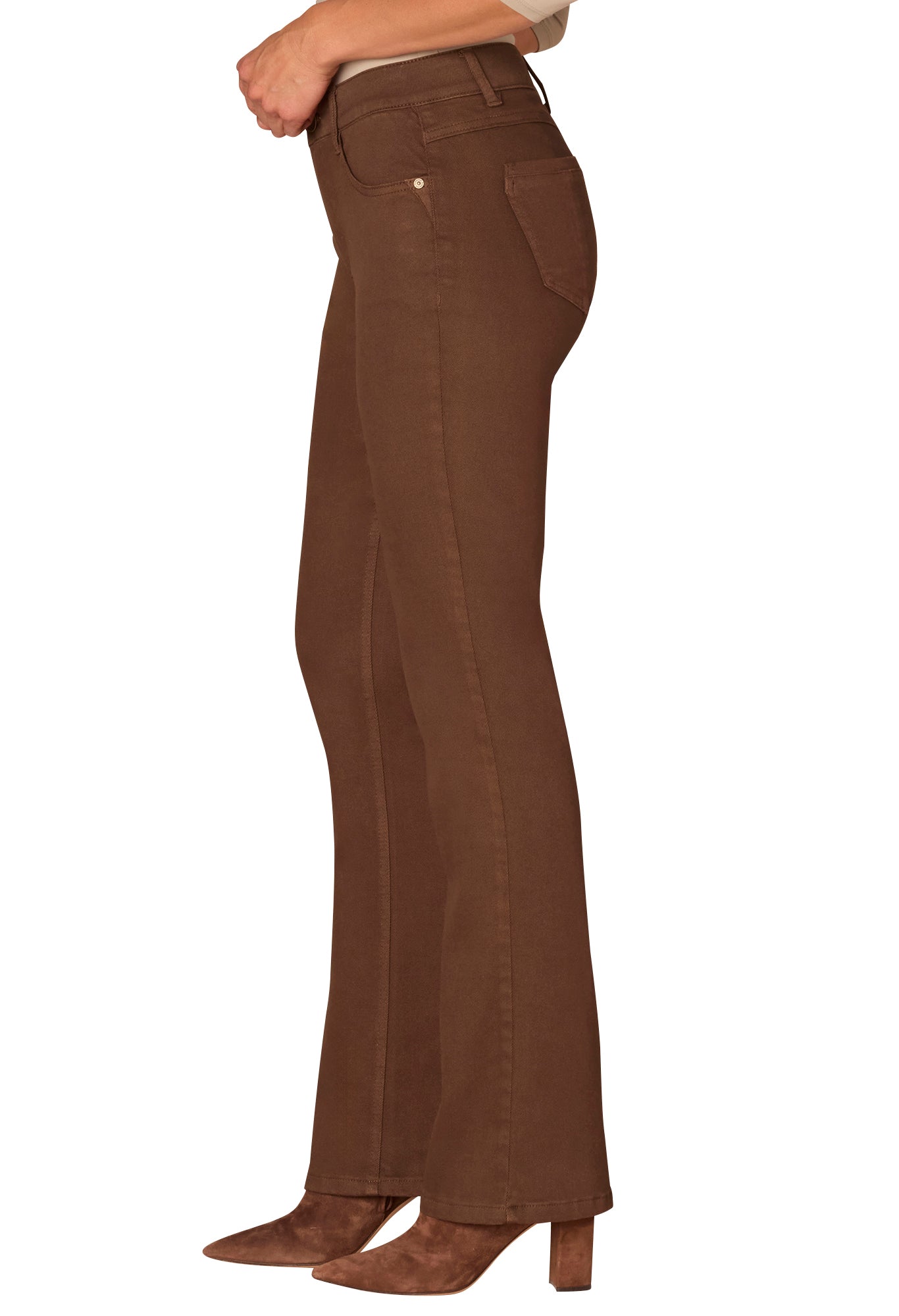 Brown pants worn by a person on a white background