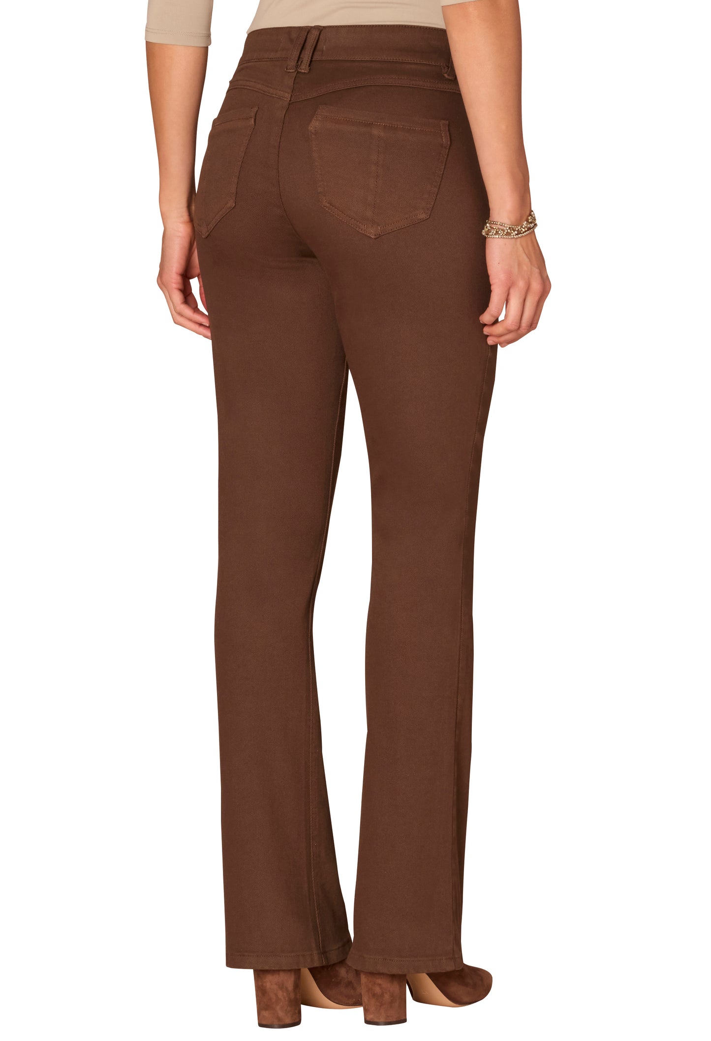 Brown pants worn by a person on a white background