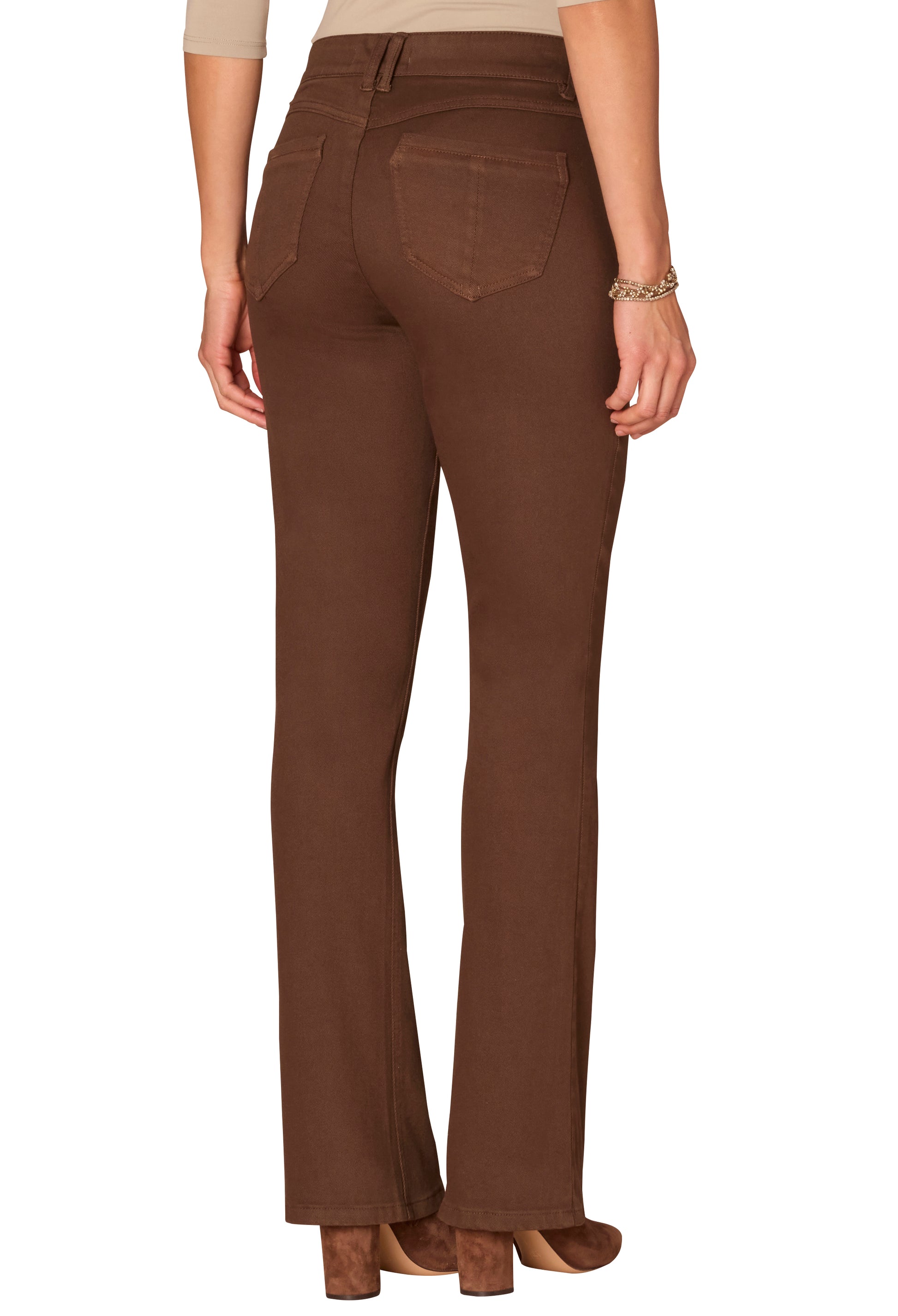 Brown pants worn by a person on a white background