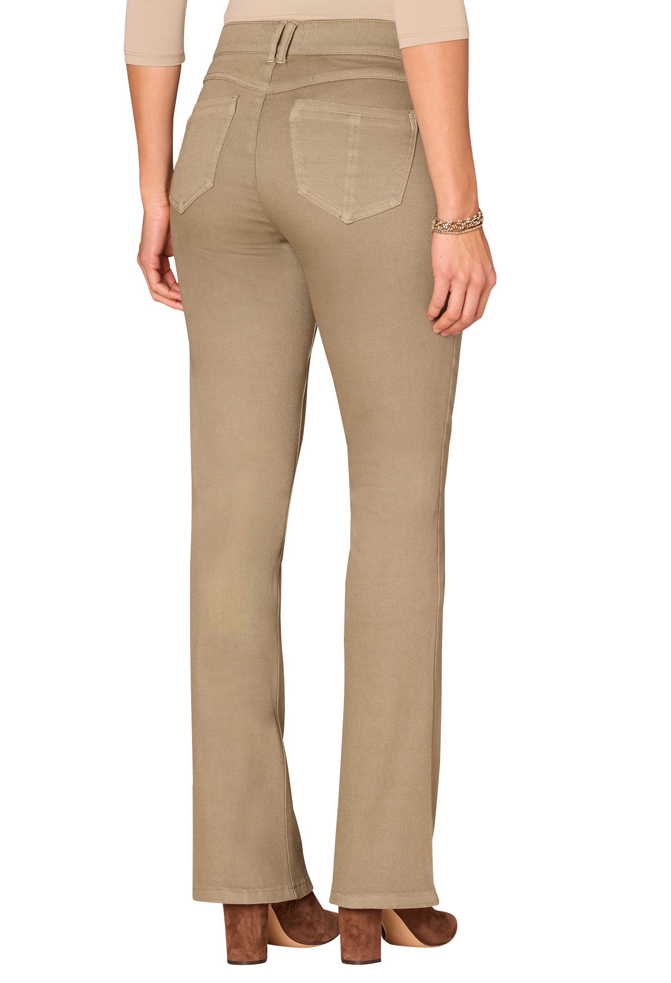 Beige pants worn by a person on a white background