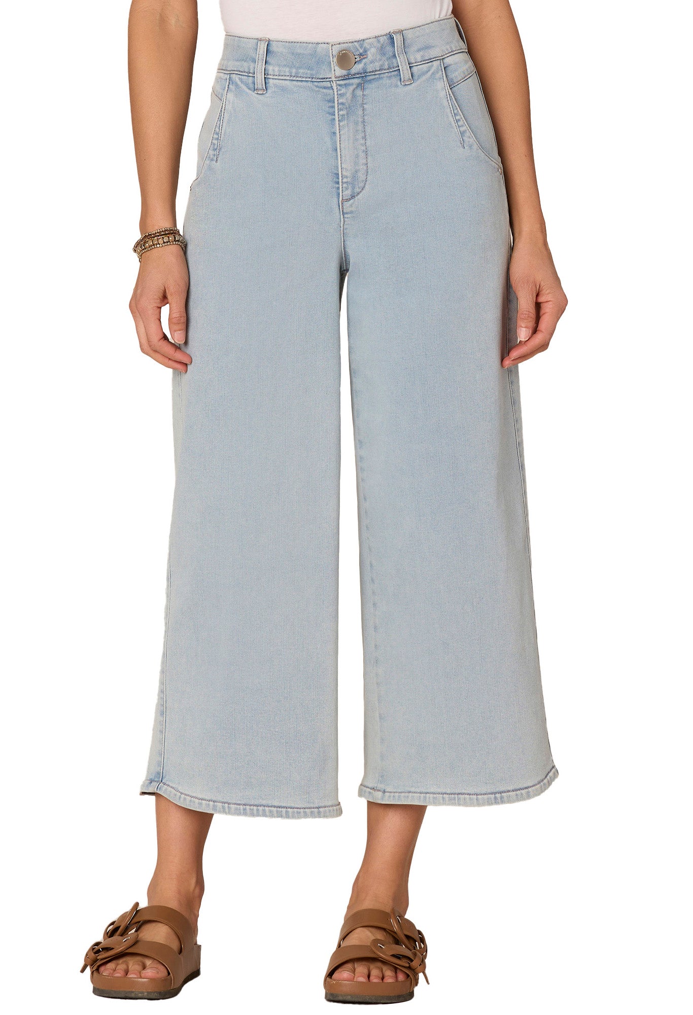 Light blue jeans worn by a person on a white background