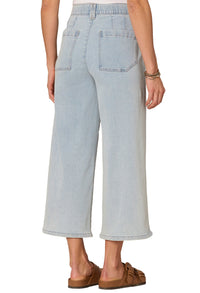 Light blue jeans worn by a person on a white background