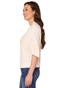 Woman wearing a white blouse and blue jeans on a white background