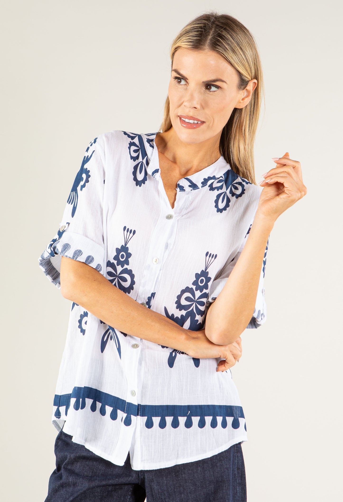 Antique Print Linen Look Blouse