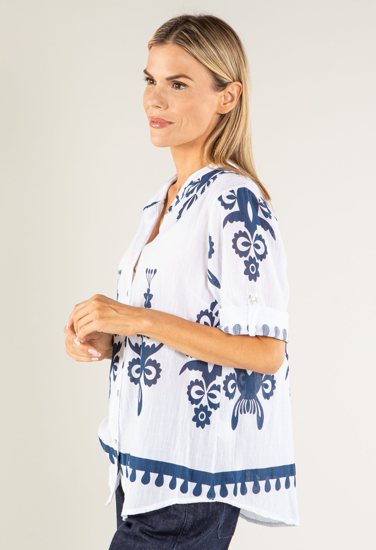 Antique Print Linen Look Blouse