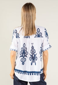 Antique Print Linen Look Blouse