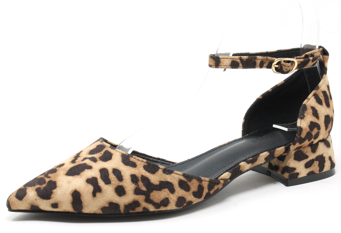 Leopard print shoe with a black sole on a white background