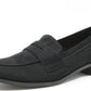 black loafer with a block heel