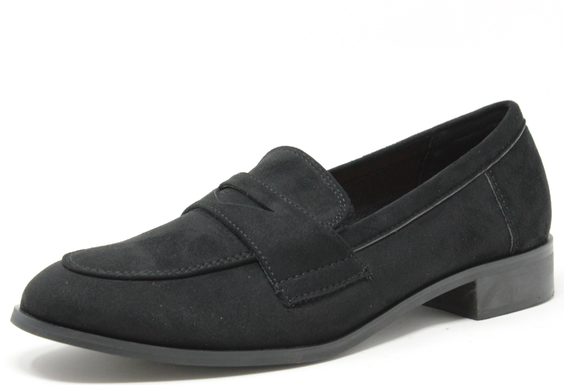 black loafer with a block heel