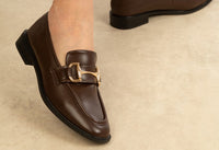 Brown leather shoes with gold buckles on a beige background