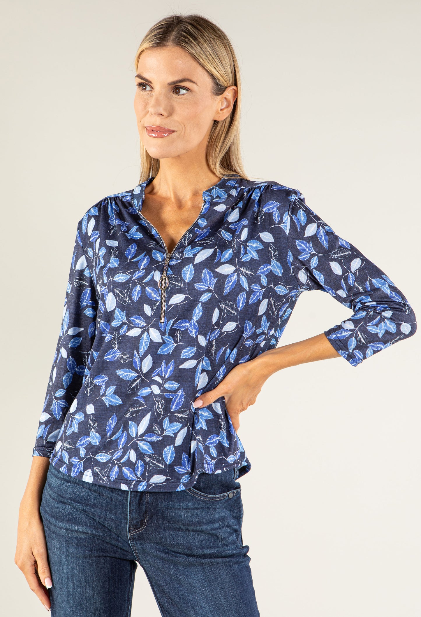 Leaf Print Zip-Up Blouse